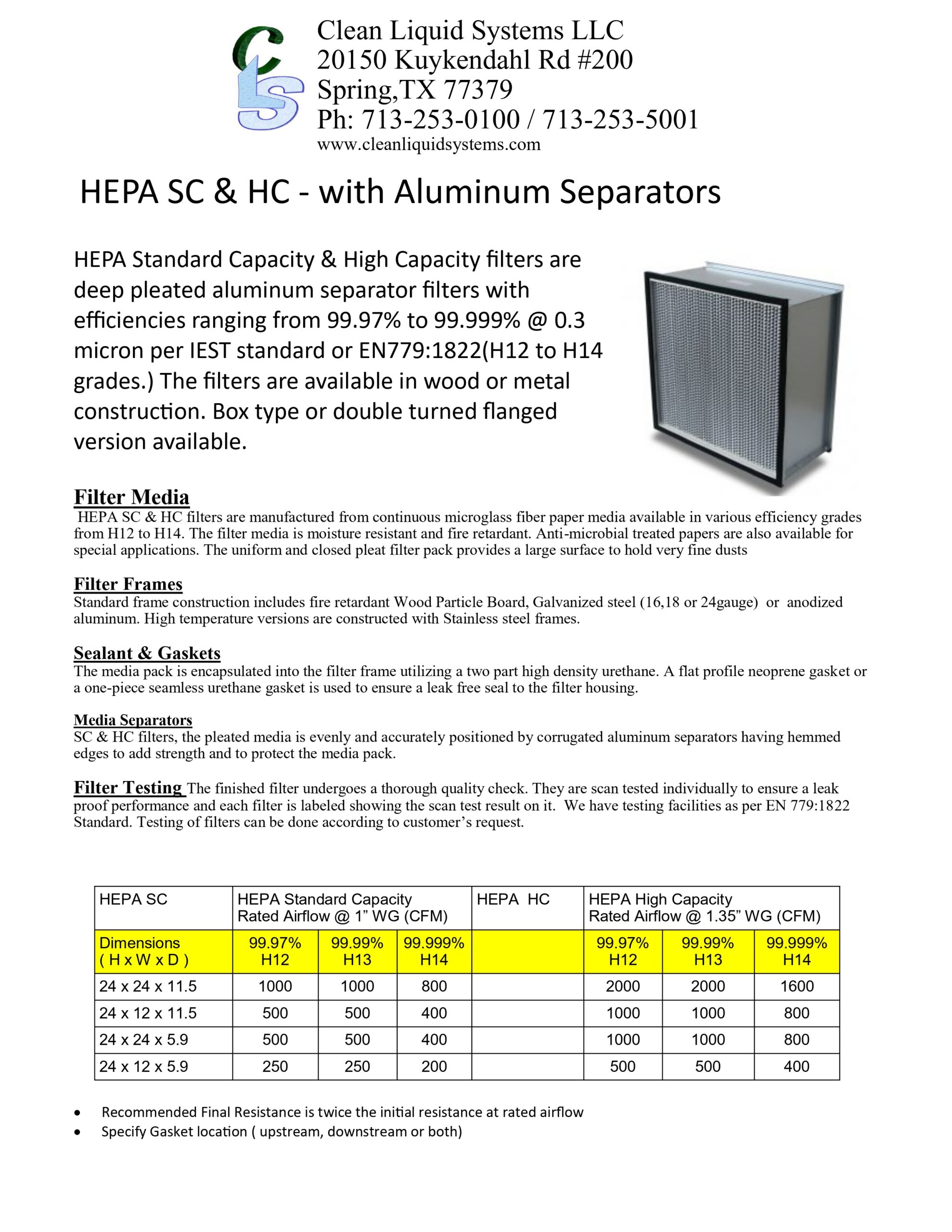HEPA SC & HC - with Aluminum Separators